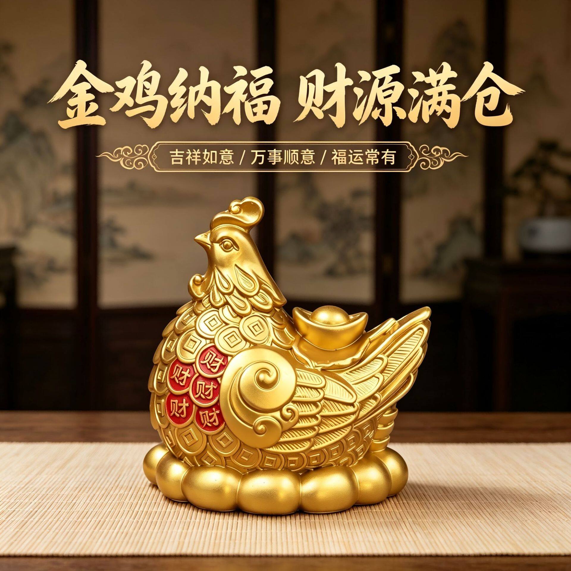 金鸡下蛋纯铜金鸡摆件金钱鸡生肖鸡家居工艺品客厅办公室装饰