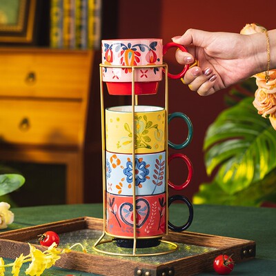 堆叠杯陶瓷杯家用配铁架早餐杯高颜值马克杯stackable cup釉下彩