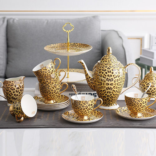欧式经典豹纹骨瓷咖啡杯碟套装下午茶花茶具套装轻奢15头咖啡具