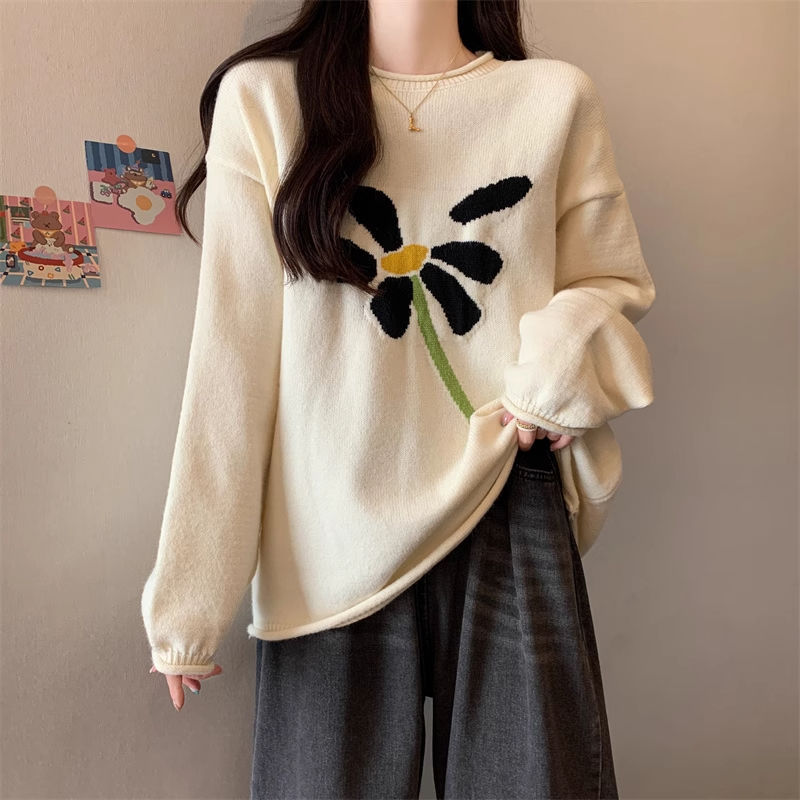 慵懒风ins韩系春秋宽松花朵针织衫超好看女装毛衣设计感上衣打底