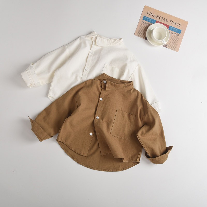 个性斜领~韩版儿童衬衫长袖纯棉秋季新款洋气百搭男女童白色上衣