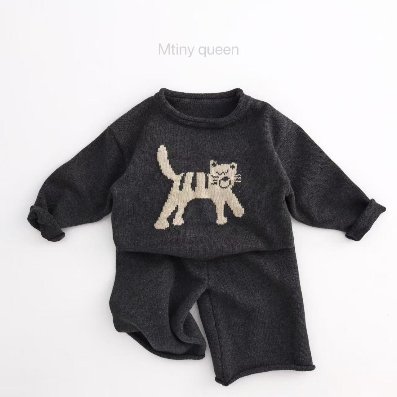 炒洋气~日系儿童卡通针织套装纯棉春秋男女童宝宝毛衣+裤子两件套