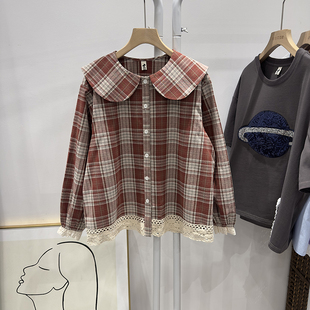 森女系 时尚 彩色豆豆家彩色减龄可爱格子衬衫 娃娃领女上衣甜美女装