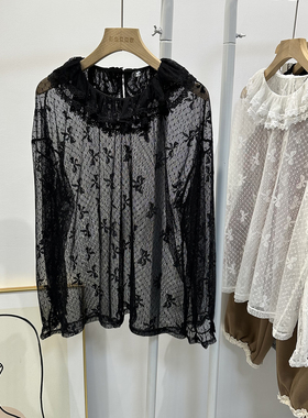 彩色豆豆家新款黑色白色蕾丝衫打底衫透明透视上衣花边领宽松女