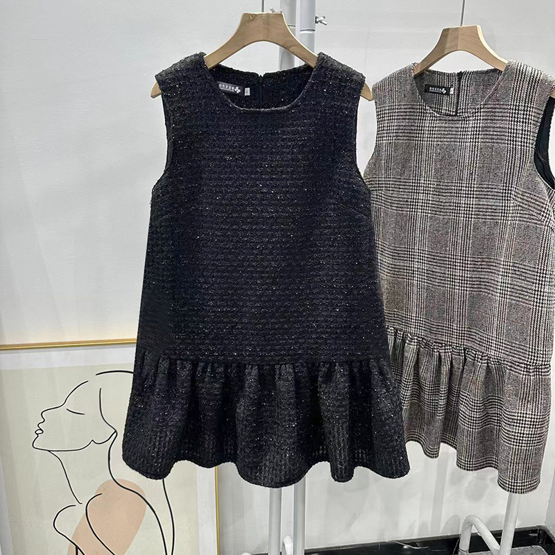 小香风A字裙粗花呢纯色拼接