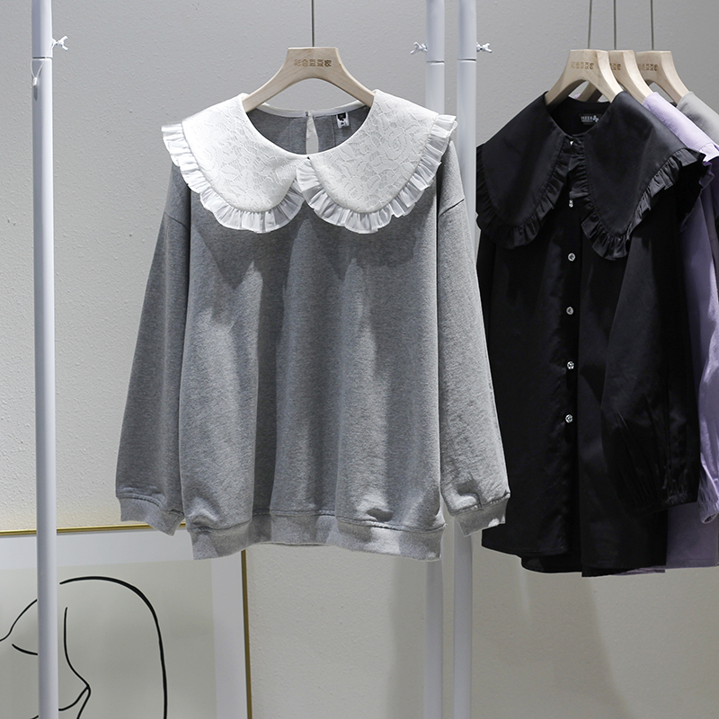 娃娃领拼色宽松减龄长袖卫衣大码