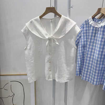 麻料衬衫乳白色盖肩袖蝴蝶结气质