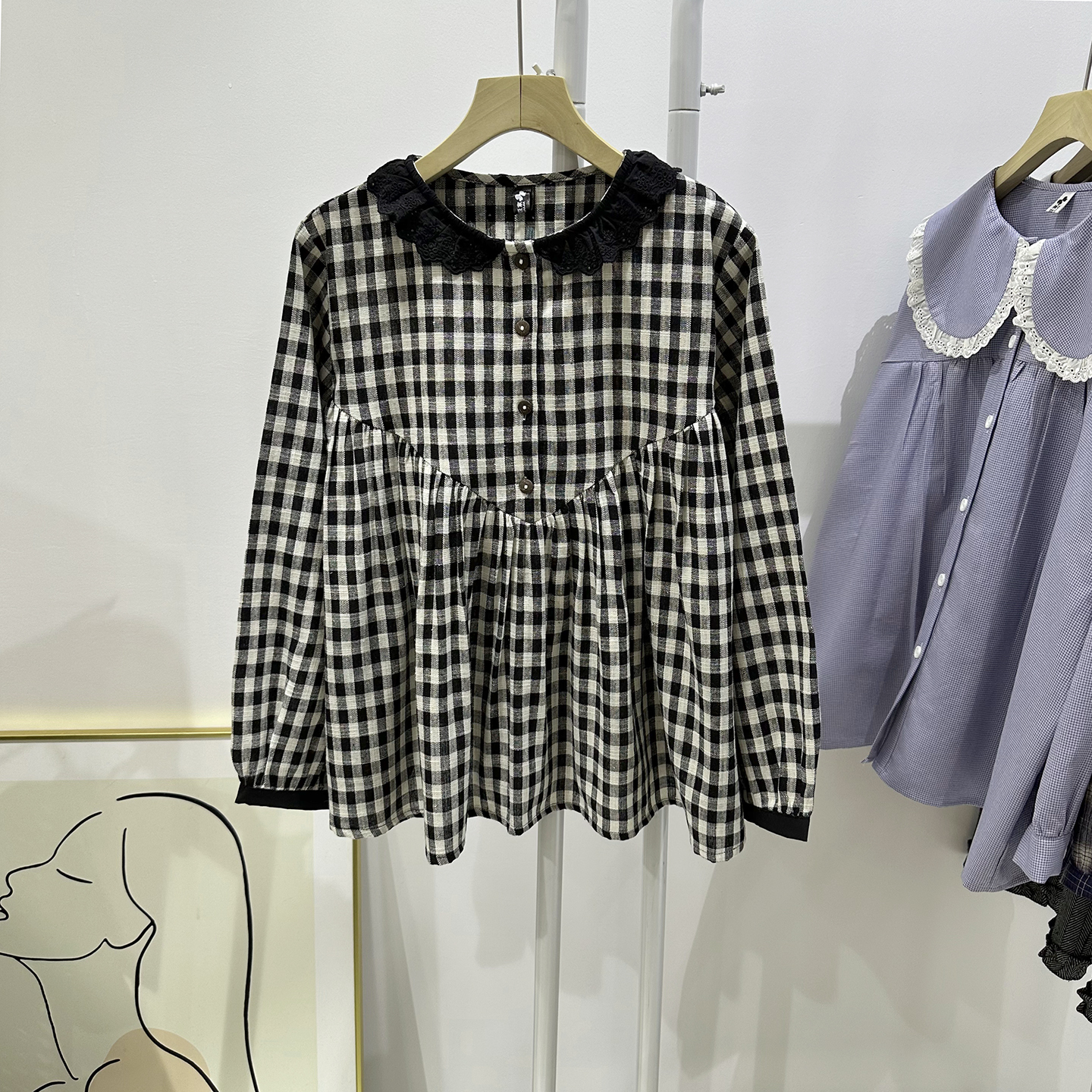 秋季新款黑白小格子长袖女衬衫