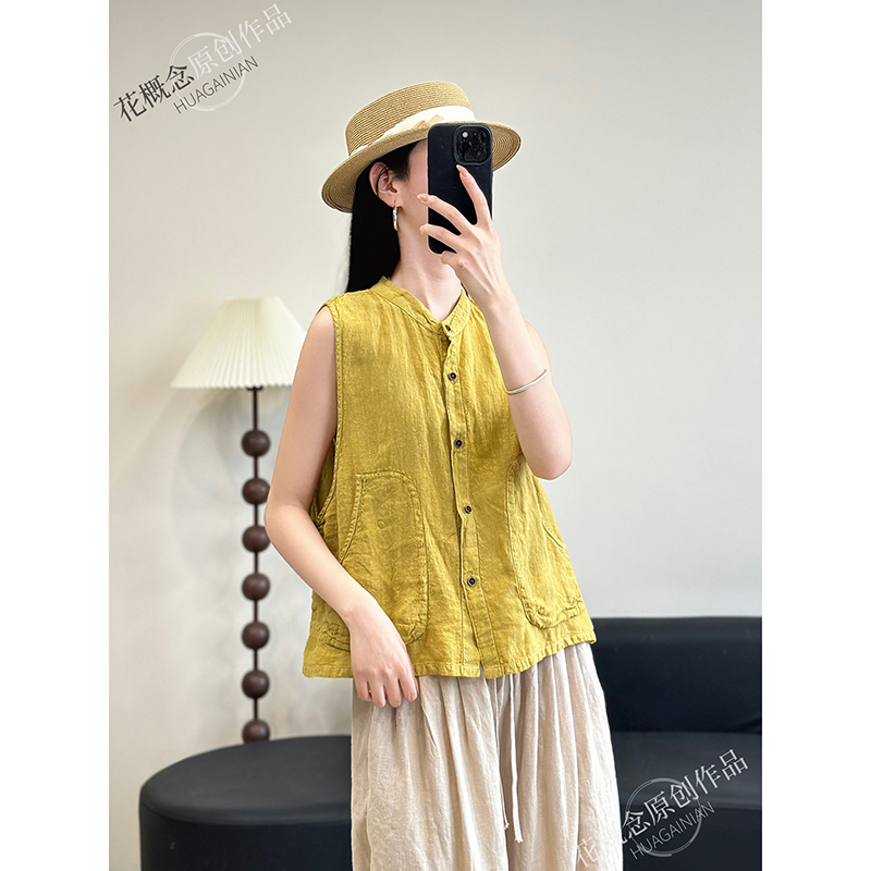 花概念文艺韩版小立领亚麻无袖马甲大口袋时尚百搭显瘦夏季上衣女,女装/女士精品,背心吊带,淘宝优惠券,粉丝福利购,淘宝优惠卷