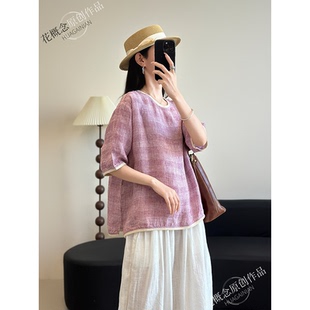 简约文艺编织宽松显瘦套头格子上衣夏 花概念色织亚麻圆领拼接短袖