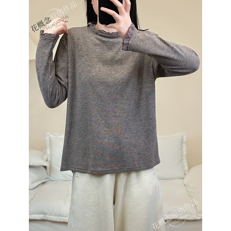 花概念韩系复古羊绒蕾丝花边加厚打底衫冬季文艺减龄保暖套头上衣