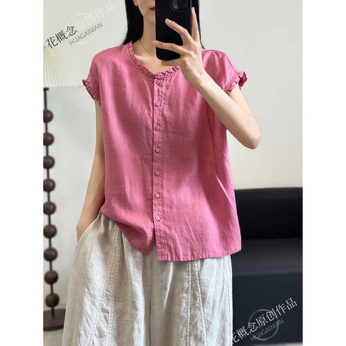 花概念设计感亚麻衬衫女夏季新款