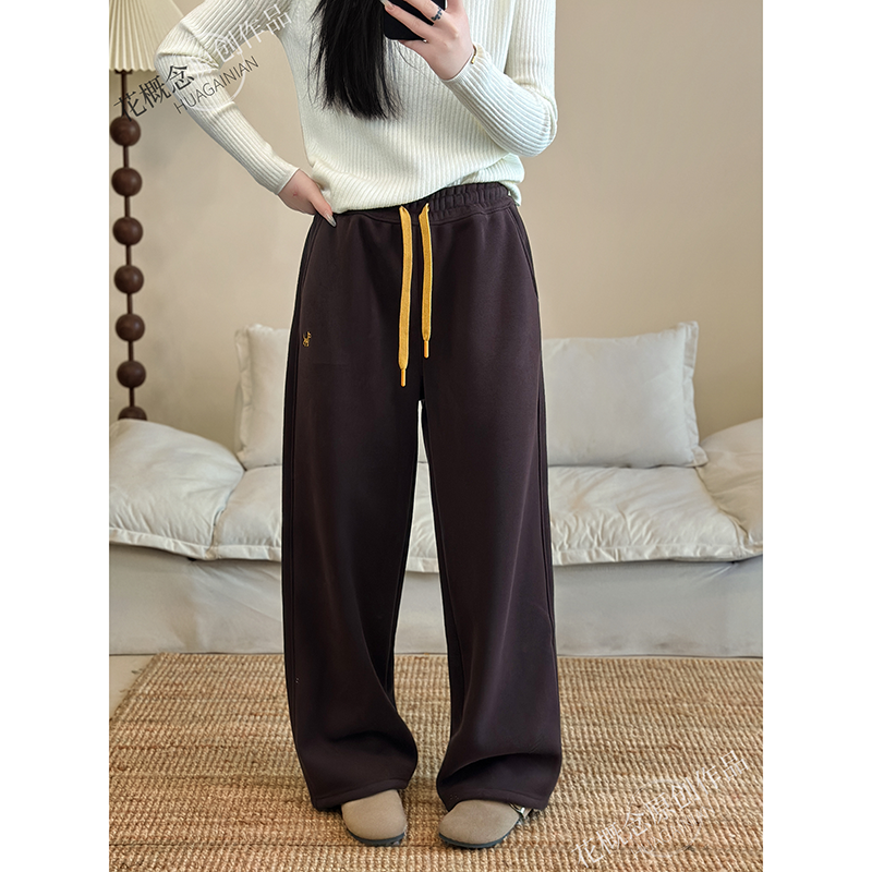 花概念重工刺绣小马直筒卫裤高密棉高克重显瘦显高长裤韩系百搭