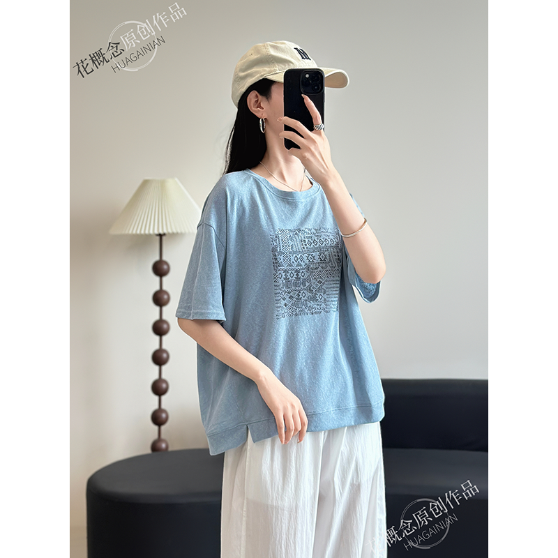 花概念美式复古印花雪花棉T恤圆领休闲文艺宽松显瘦上衣短袖夏季