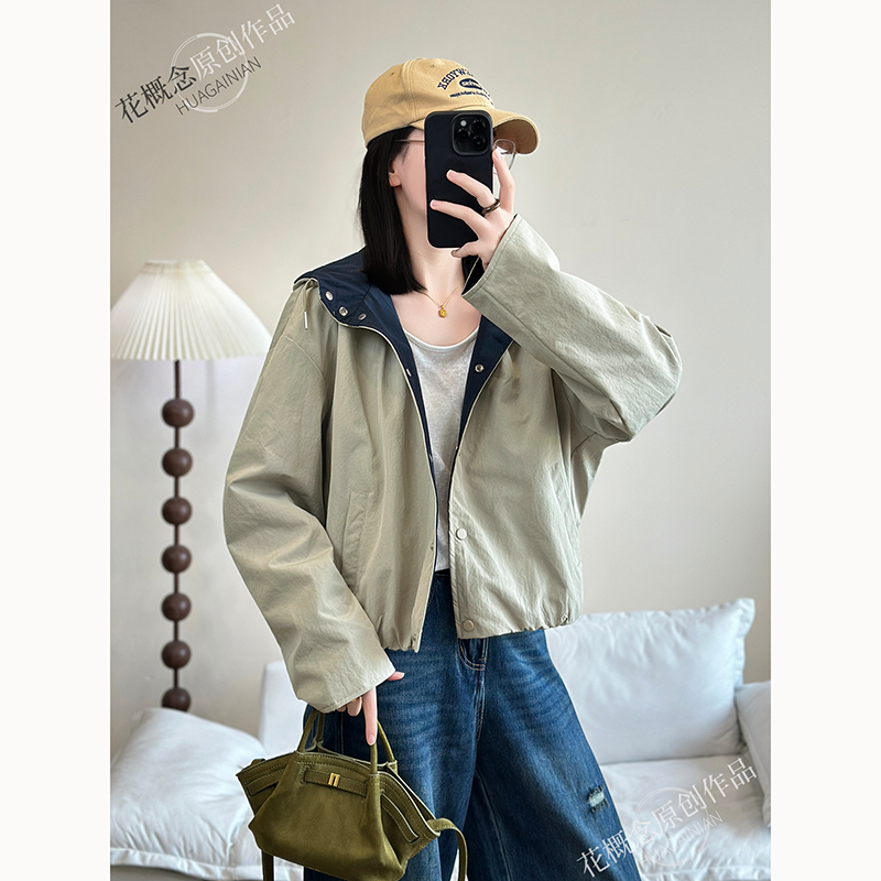 花概念连帽短款外套秋冬宽松