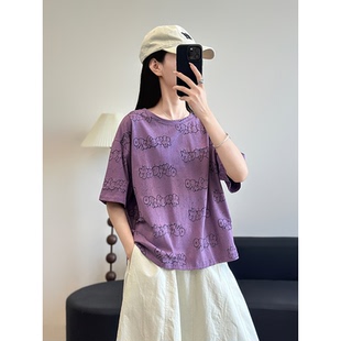 花概念棉质镂空印花T恤港风设计款 休闲上衣女 慵懒风短袖 宽松大码