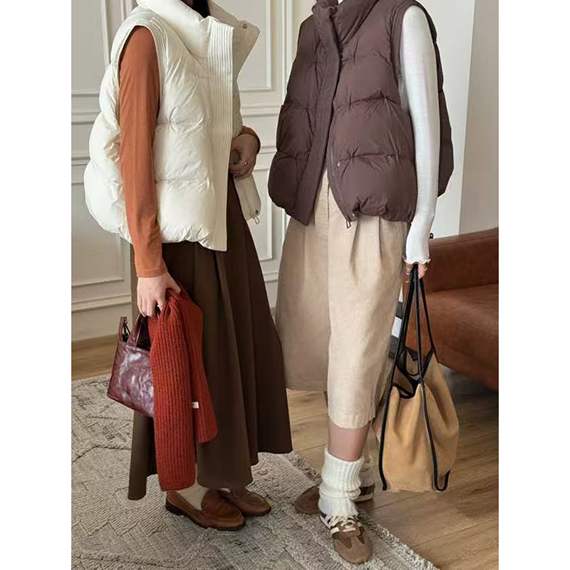 花概念秋冬90白鸭绒羽绒服马甲文艺气质休闲百搭无袖立领马夹坎肩