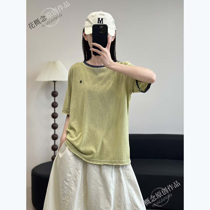 花概念新款撞色领100%纯麻短袖T恤夏季原创设计刺绣宽松大版上衣
