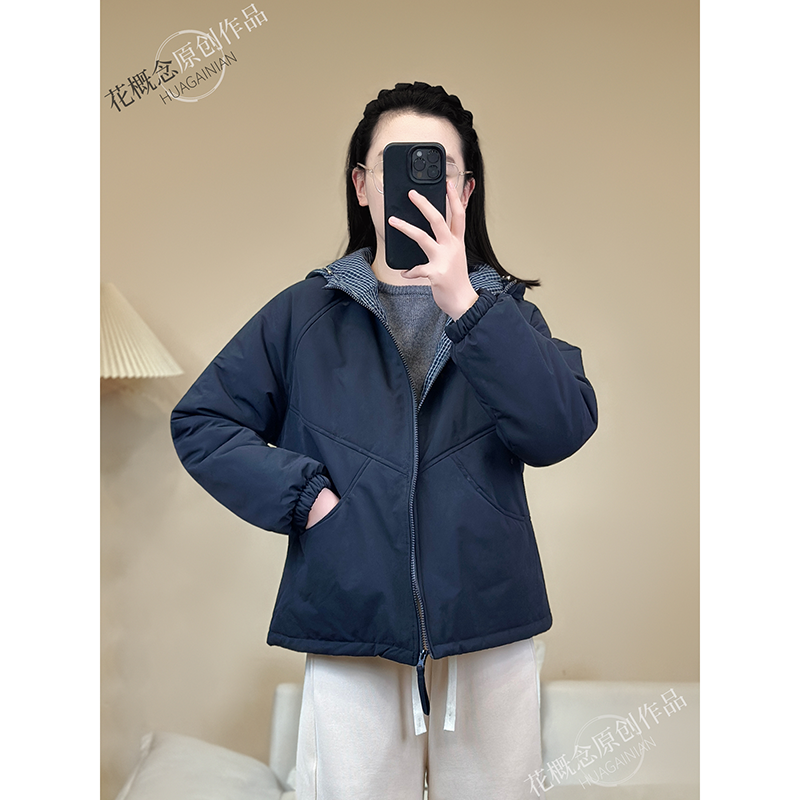 花概念高品质夹棉驼绒棉袄格纹拼接简约气质小个子连帽棉衣厚外套