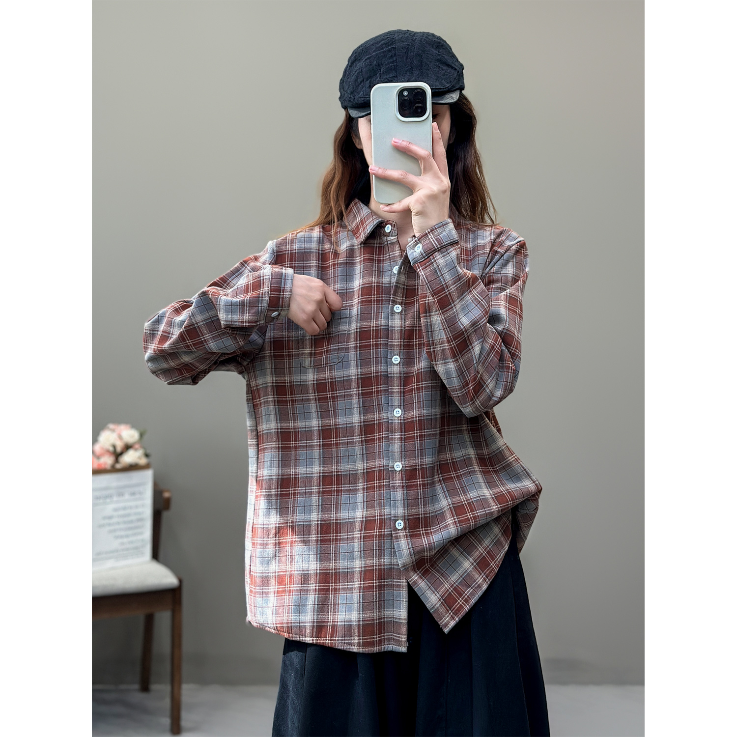 花概念冬季新款加绒加厚格子条纹长袖方领长袖衬衫女宽松文艺复古