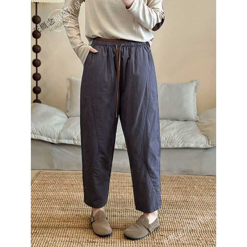 花概念秋冬季加厚棉裤保暖显瘦撞色腰头复古风高密棉萝卜裤慵懒风