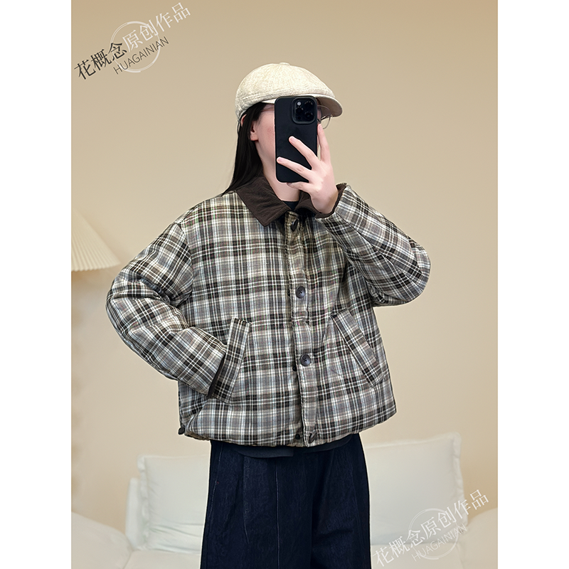 花概念冬季两面穿格纹羽绒服蓬松轻薄90绒子羽绒外套保暖韩系上衣