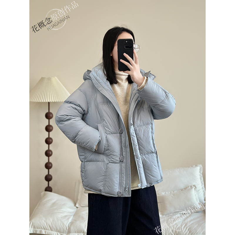 花概念高品质秋冬白鸭绒方块款连帽蓬松泡芙时尚中长款保暖羽绒服