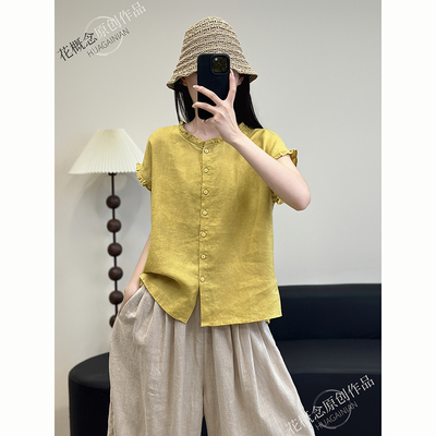 花概念设计感亚麻衬衫女夏季新款