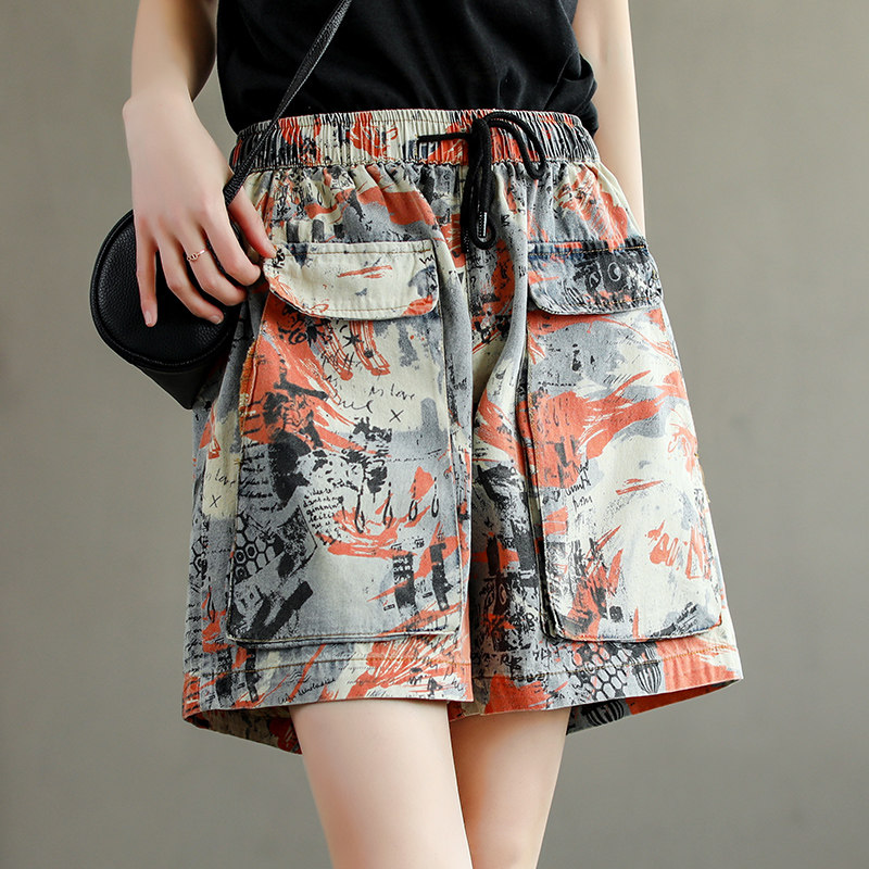 原创韩版宽松迷彩印花牛仔短裤女夏季文艺洋气宽松大码显瘦五分裤