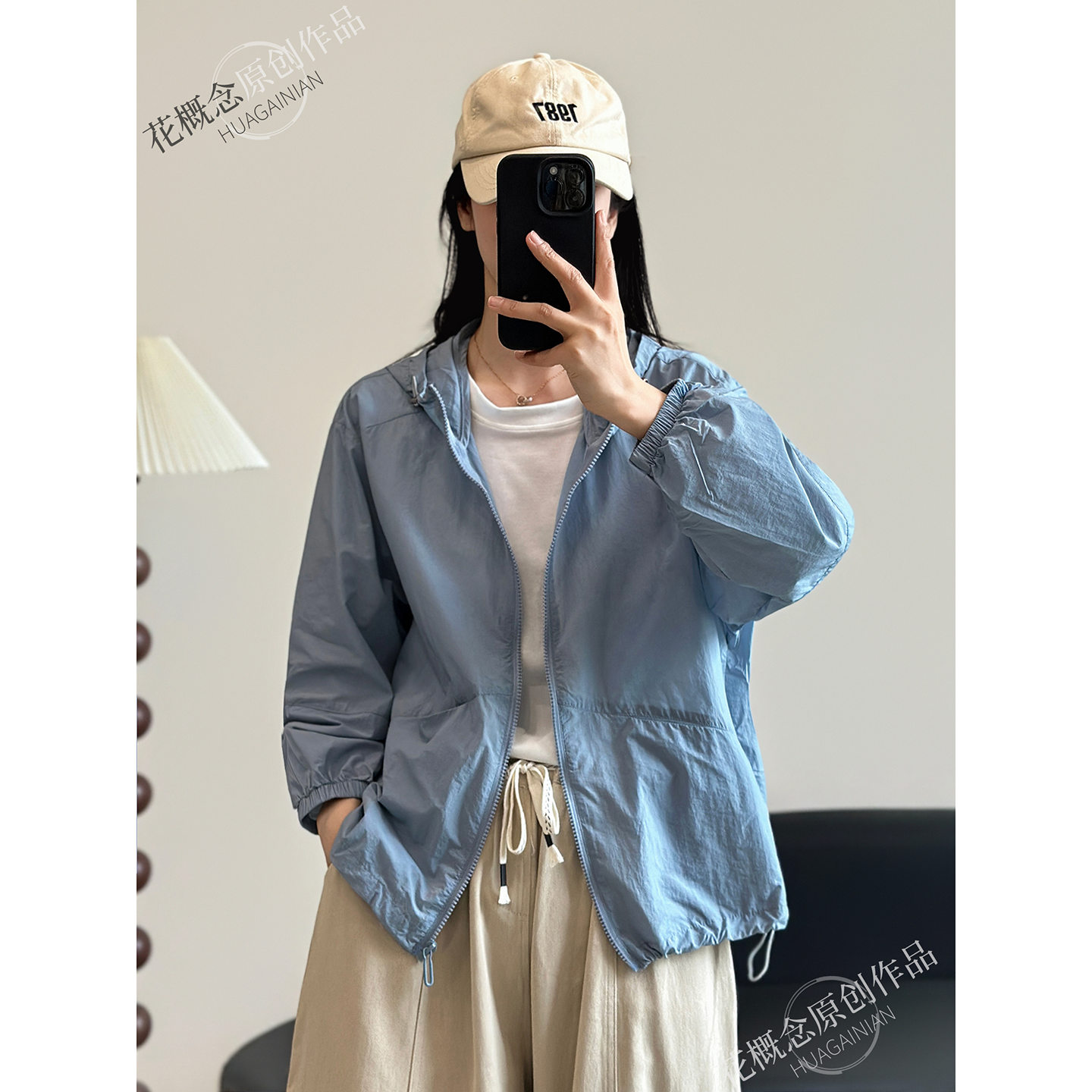 花概念夏季时尚休闲连帽短外套女户外大口袋宽松百搭显瘦防晒衣女