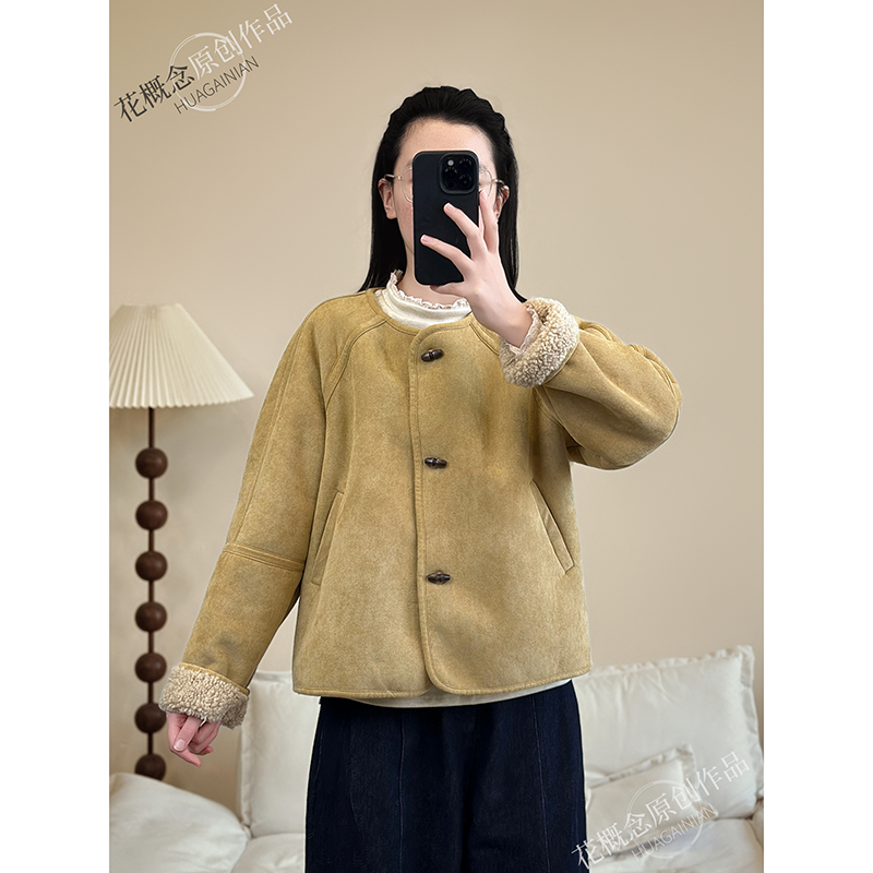 花概念韩版仿麂皮绒挎包羊羔毛外套简约牛角扣保暖皮毛一体棉衣