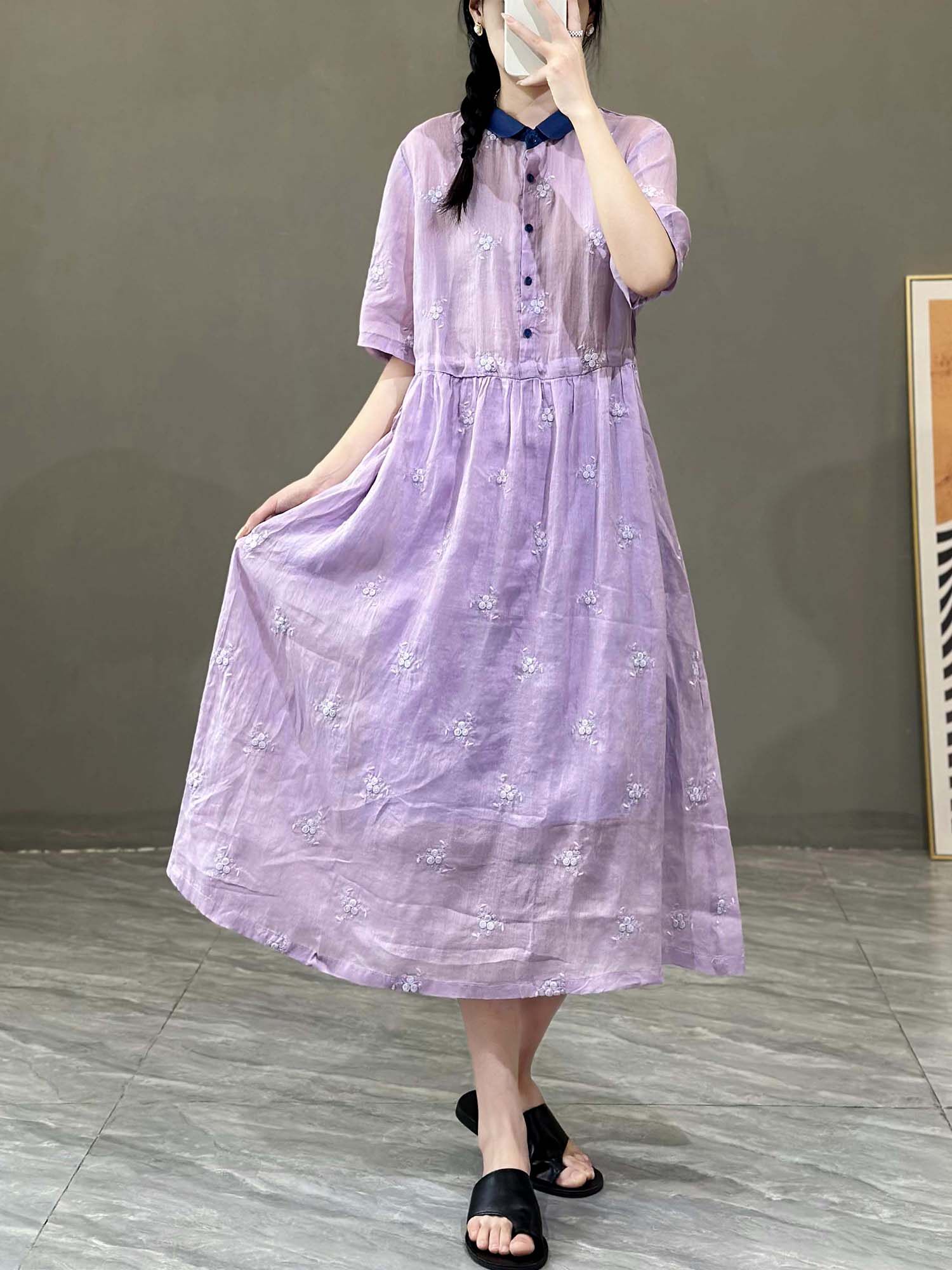 花概念复古文艺重工刺绣麻蓝领中长款连衣裙女夏季宽松休闲气质裙