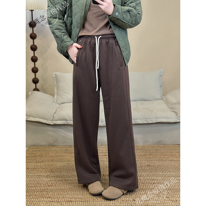 花概念高品质针织棉弯刀直筒裤百搭云朵卫裤女时尚休闲抽绳松紧腰