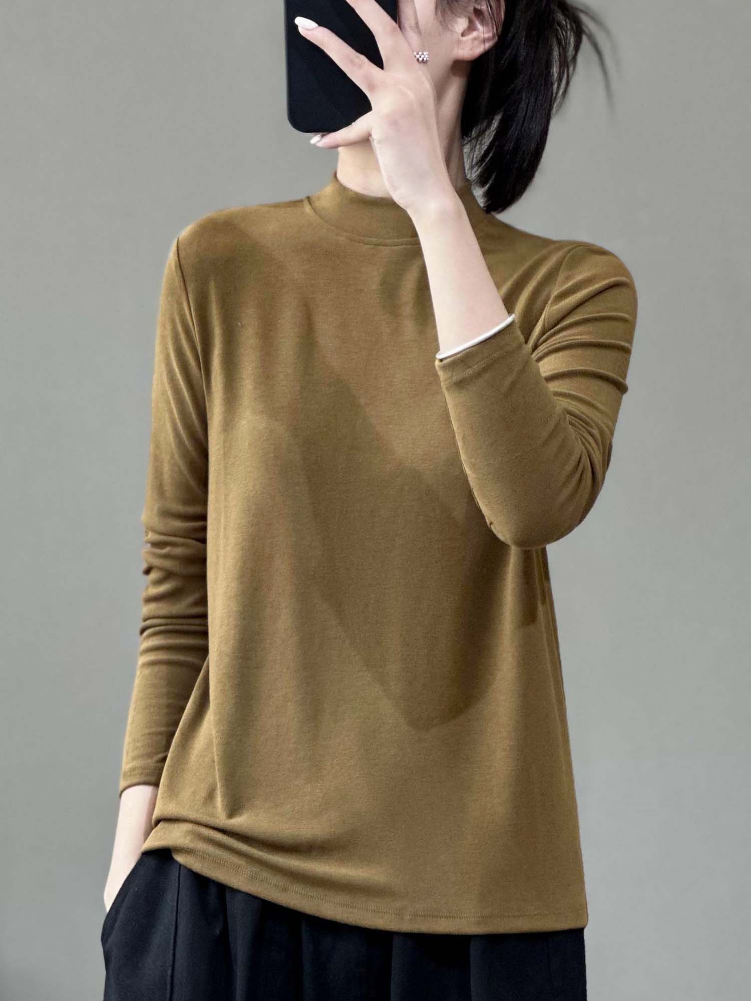 花概念半高领纯色弹力T恤