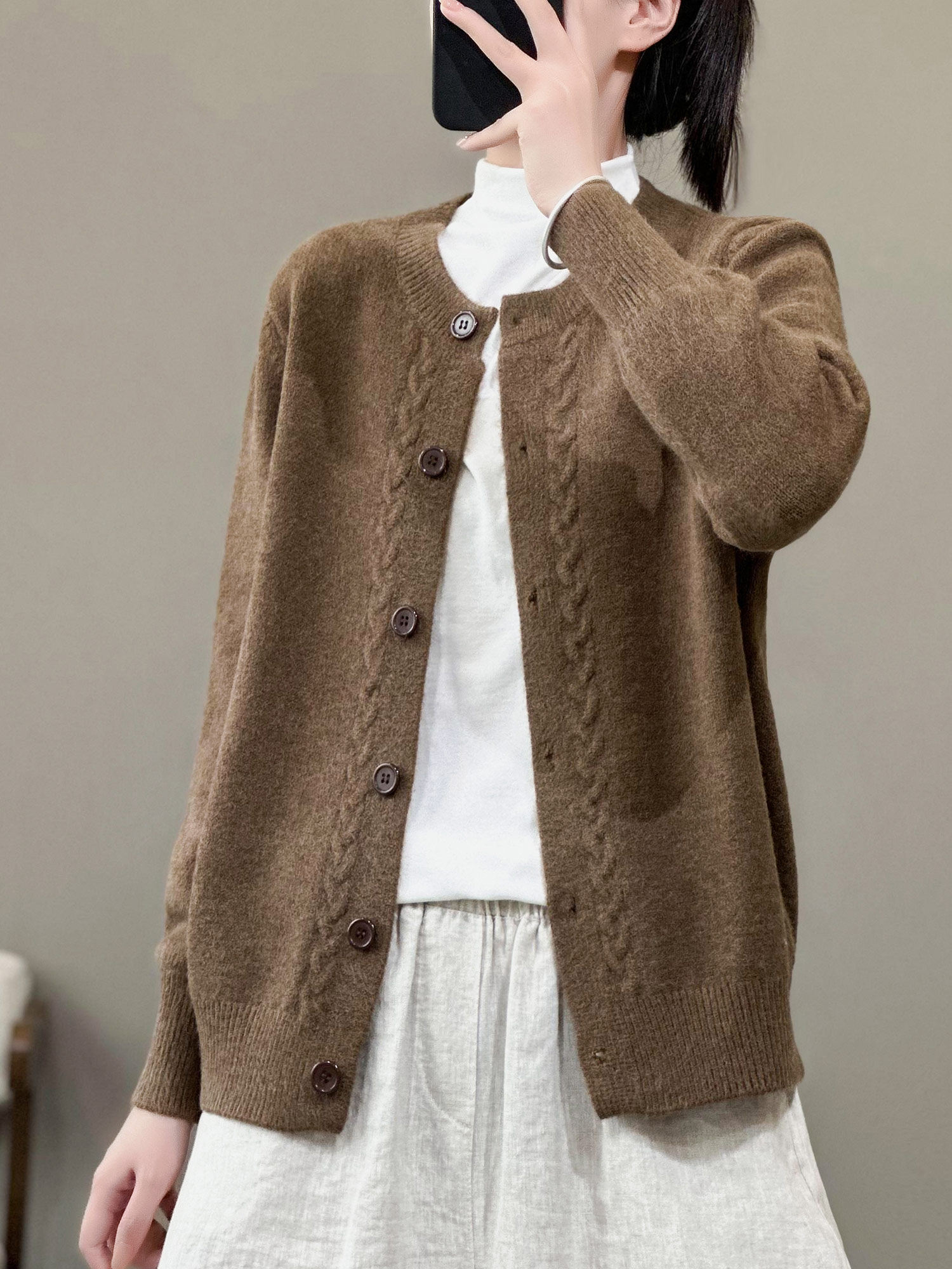 花概念春冬温柔风纯色包芯纱针织开衫气质百搭文艺显瘦毛衣外套女