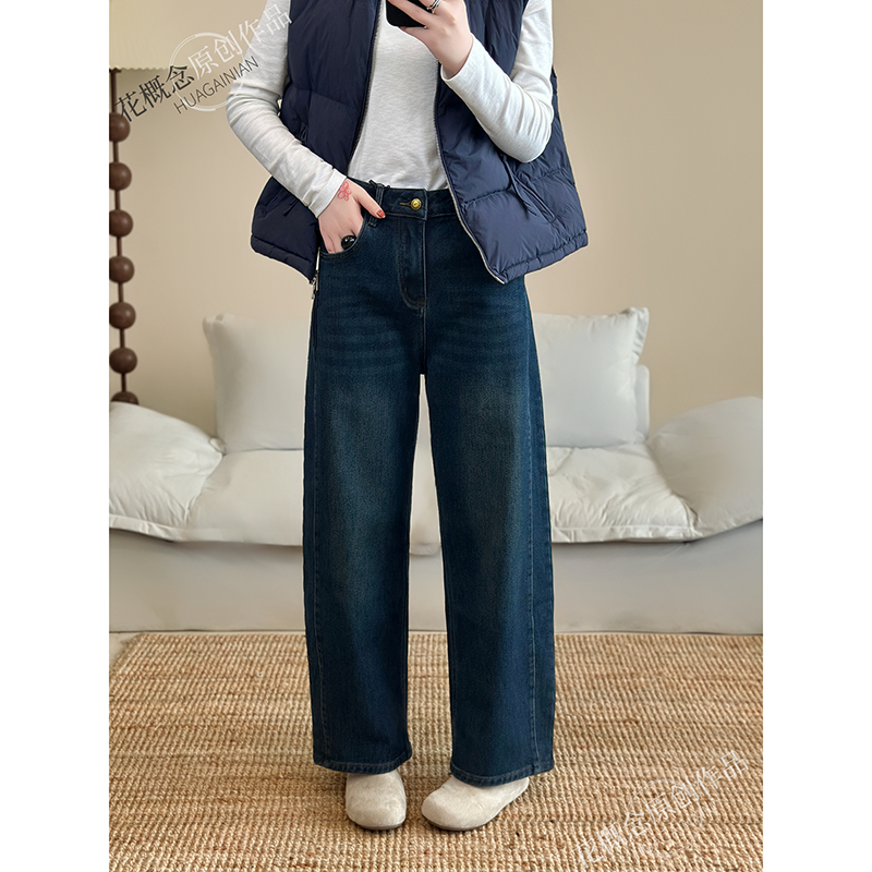 花概念重工刺绣内里抓绒窄版直筒裤复古时尚文艺牛仔弯刀裤显瘦