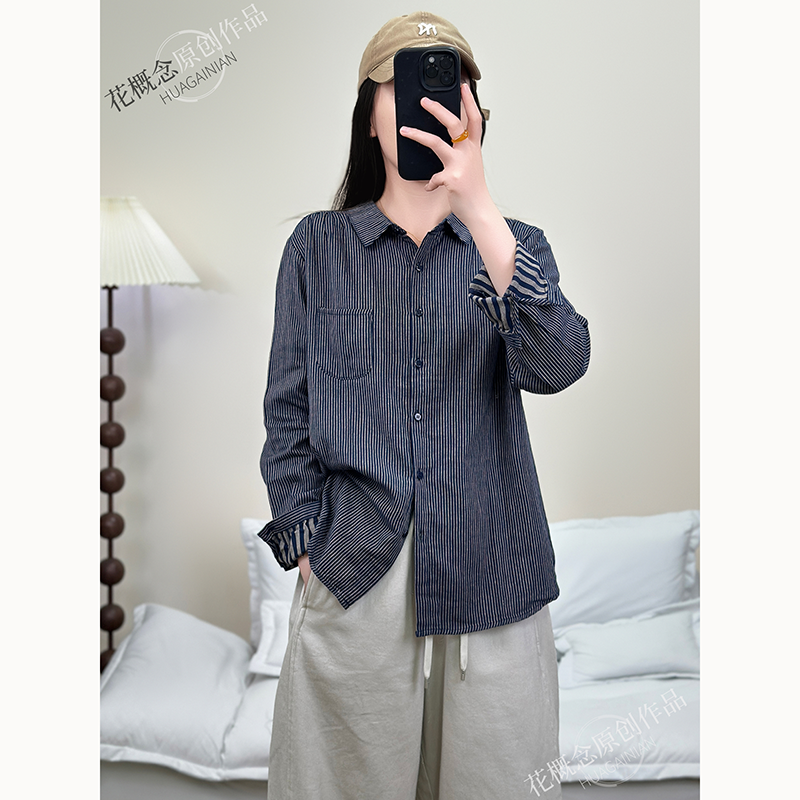 花概念早秋文艺通勤气质细条纹衬衫宽松复古百搭上衣
