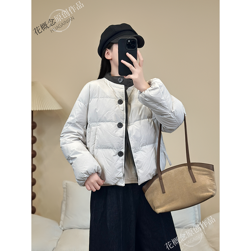 花概念拼接领口立领羽绒服设计款慵懒文艺休闲冬季上衣保暖显瘦