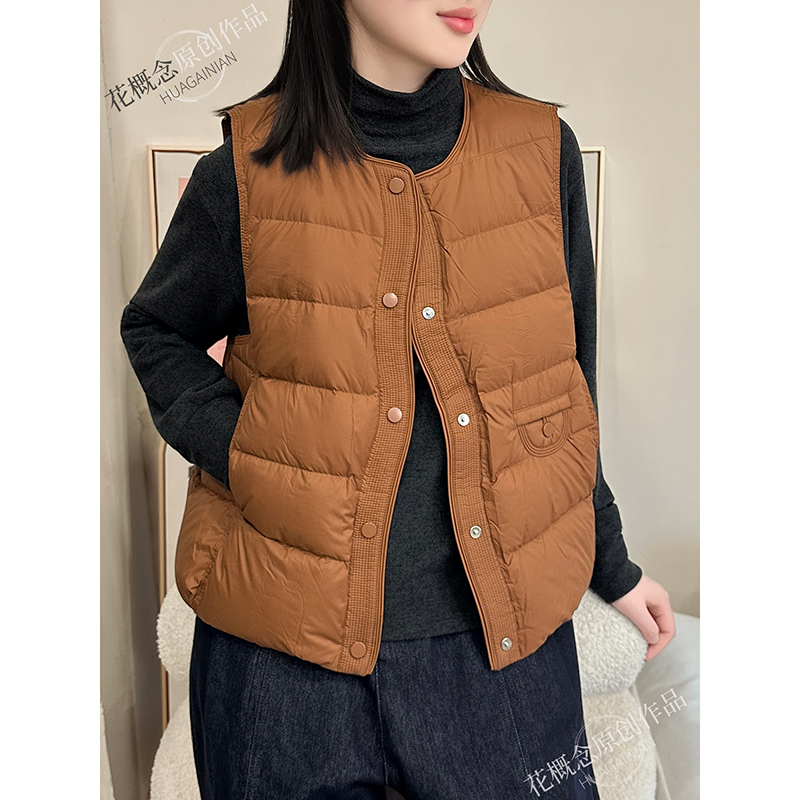 花概念高级感轻便圆领羽绒马甲女短款单排扣保暖坎肩外套轻羽绒,女装/女士精品,马夹,淘宝优惠券,粉丝福利购,淘宝优惠卷
