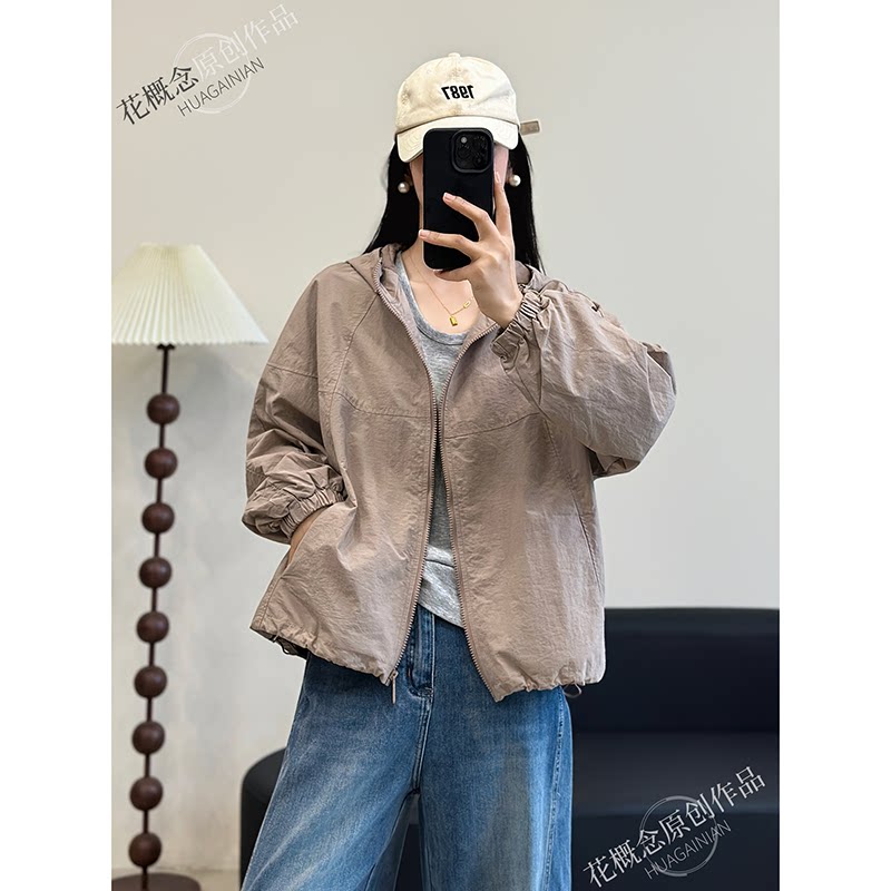 花概念休闲风连帽拉链短外套女宽松百搭显瘦防晒夹克春款时尚流行