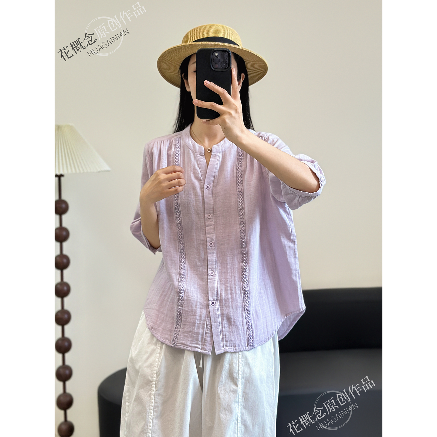 花概念纯色100棉夏季五分袖宽松显瘦T恤衬衫女蕾丝拼接剪刀领上衣