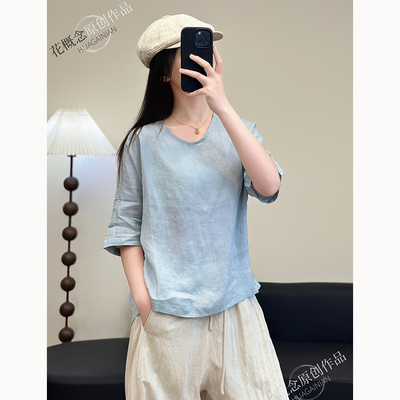 花概念设计感圆领汉麻短袖衬衫