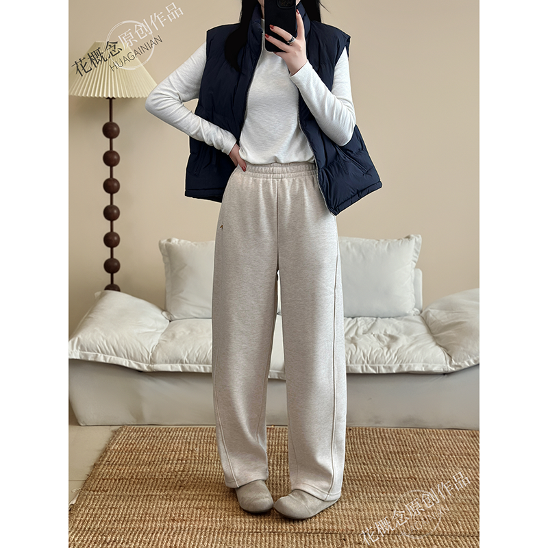 花概念高品质羊毛直筒加绒加厚时尚显高显瘦百搭松紧腰抽绳直筒裤