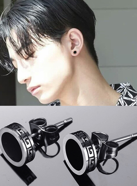 韩版长城纹耳钉男士个性潮人嘻哈耳环长城耳饰品简约学生单只黑色