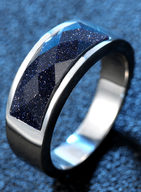 时尚简约蓝砂石戒指女单身钛钢