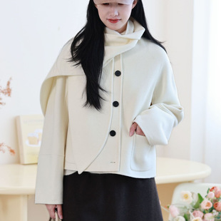 时髦轮廓 韩系甜美高支小羊绒双面呢大衣 气质百搭围巾短款外套女