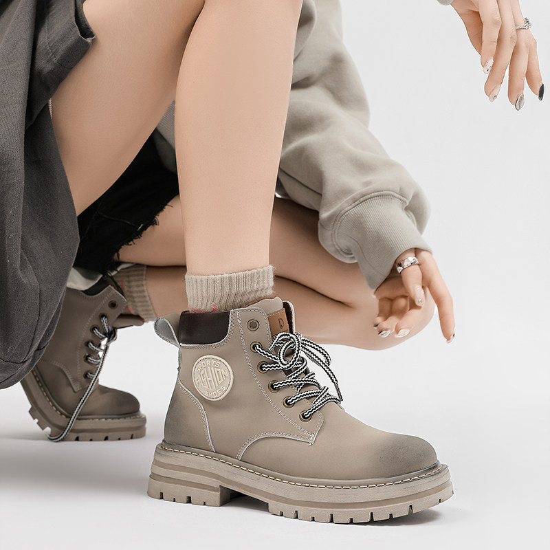 LEATHER MARTIN BOOTS MENS HIGH-TOP WORKWEAR RETRO TRENDY SHOES OUTDOOR HEIGHTENED THICK-SOLED SPRING AND AUTUMN MID-TOP WOMENS HOMO RHUBARB BOOTS