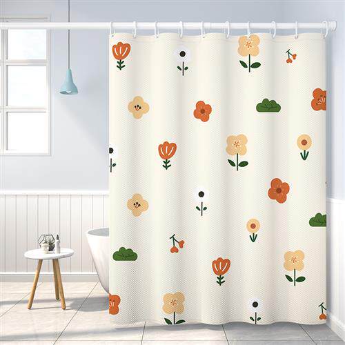 数码印花浴帘浴室淋浴隔断帘洗澡防水加厚涤纶伸缩杆干湿分离套装