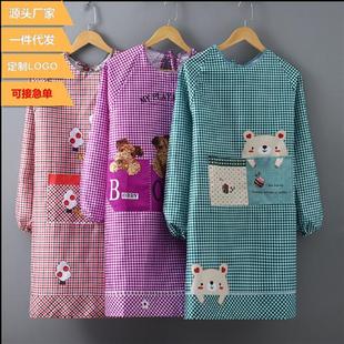 厂家加长加肥超薄款桃皮绒长袖罩衣夏季厨房男女围裙厨房防油防污