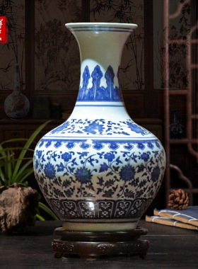 景德镇工艺品批发青花瓷釉下彩缠枝莲花瓶家居仿古陶瓷器中式摆件
